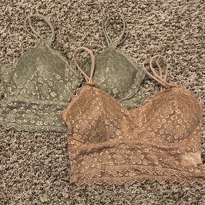 Lace Bralette Set in Green and Tan